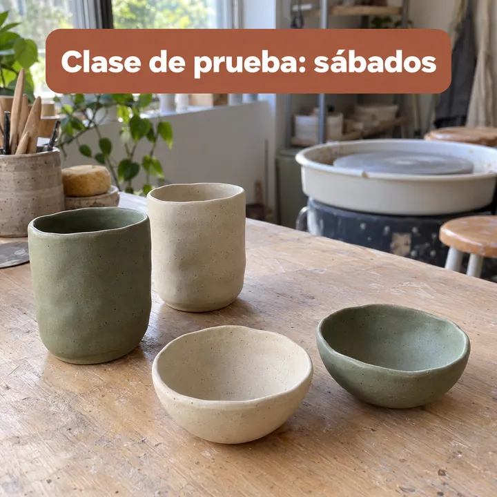 Historia del taller: tazas y cuencos de cerámica con el texto «Clase de prueba: sábados».