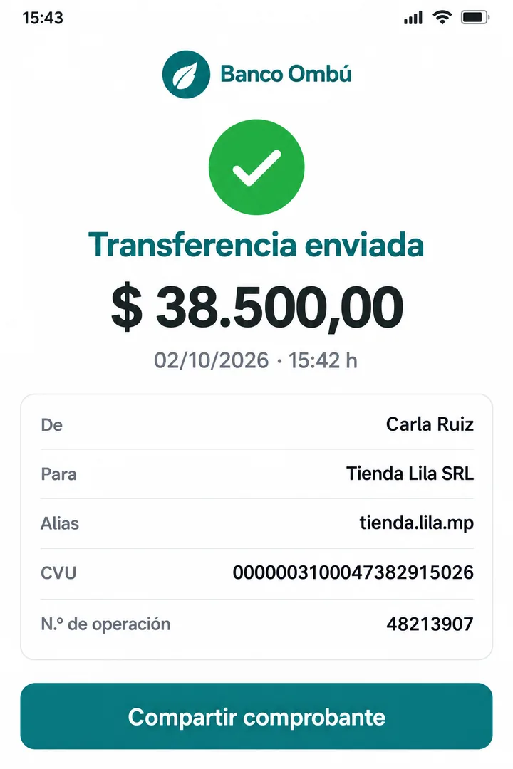 Captura del comprobante de una transferencia de $38.500 de Carla Ruiz a Tienda Lila SRL, del 02/10/2026 a las 15:42, operación 48213907
