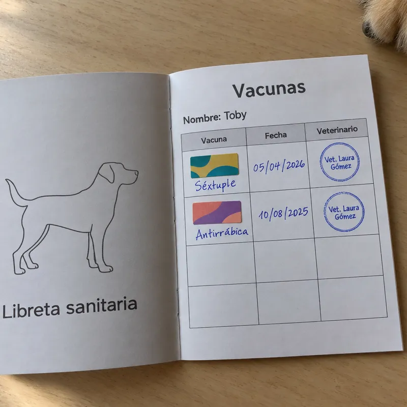 Foto de la libreta sanitaria de Toby con la séxtuple del 05/04/2026 y la antirrábica del 10/08/2025