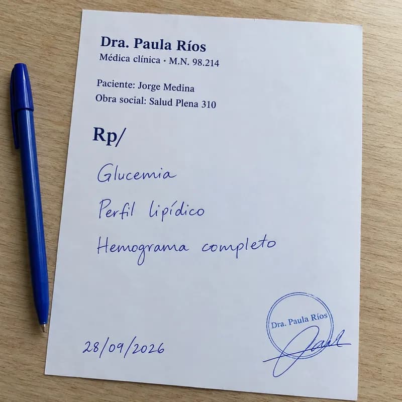 Foto de una orden médica para glucemia, perfil lipídico y hemograma completo a nombre de Jorge Medina