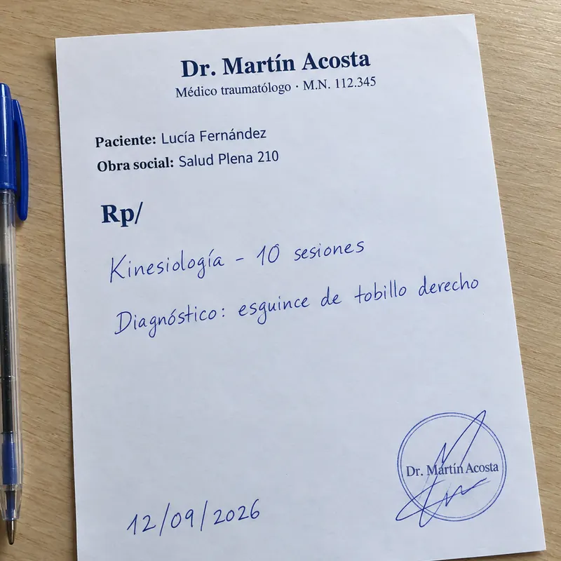 Foto de una orden médica de kinesiología por 10 sesiones a nombre de Lucía Fernández, del 12/09/2026
