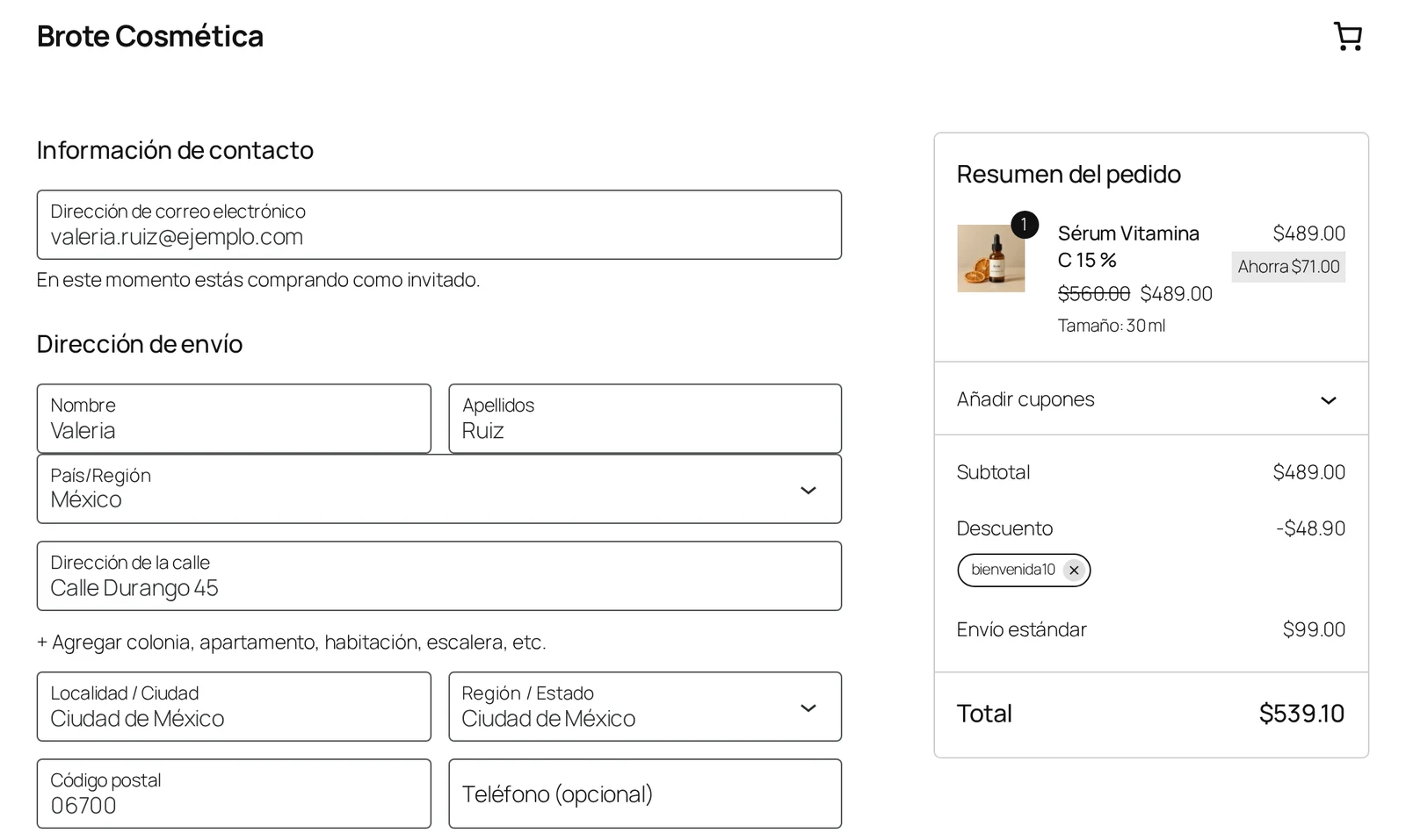 Checkout de Brote Cosmética con un Sérum Vitamina C 15 % de 30 ml a $489, el cupón bienvenida10 aplicado, envío estándar de $99 y total de $539,10
